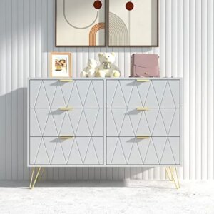 ANBUY 6 Drawer Double Dresser, Dual Chest of Drawers Modern Dresser for Bedroom with Gold Handles (White)