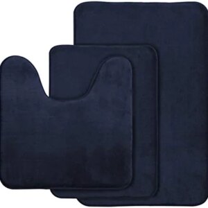 AOACreations Memory Foam Bath Rug, Bathroom Mat Set of 3, Soft, Plush, Absorbent, Low Pile, Includes 1 Large 20" x 32", 1 Contour 20" x 20", 1 Small 16" x 24" (Navy Blue)