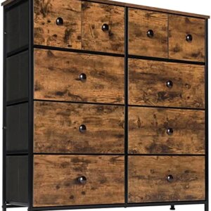 AOPSEN Dresser for Bedroom with 10 Drawers, Wood Veneer Chest of Drawers, Industrial Style Dresser Unit, Storage Dresser for Kids, Closet, Entryway, Living Room, Nursery, Wooden Top (Rustic Brown)