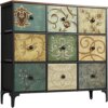 AOPSEN Dresser with 9 Drawers, Tall Storage Dresser for Bedroom, Modern Chest of Drawers for Closet, Living Room, Nursery, Wood Top, Fabric Drawers (Rustic Brown)