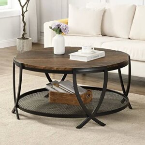 ASYA 2-Tier Round Coffee Table with Storage Open Shelf, 36 Inch Industrial Sofa Cocktail Table for Living Room, Rustic Brown