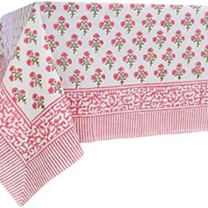 ATOSII Gulbahar White Pink 100% Cotton Fall Tablecloth, Handblock Print Floral Rectangle Table Cloth for Kitchen Dining Linen I Thanksgiving, Christmas, Wedding, Table Cloth Fall Decor 60 X 90 Inches