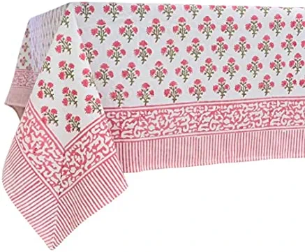 ATOSII Gulbahar White Pink 100% Cotton Fall Tablecloth, Handblock Print Floral Rectangle Table Cloth for Kitchen Dining Linen I Thanksgiving, Christmas, Wedding, Table Cloth Fall Decor 60 X 90 Inches