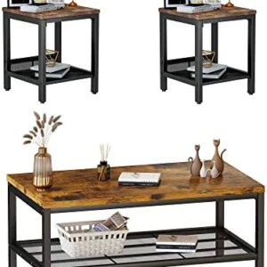 AWQM 3 Pieces Coffee Table Set, Industrial Coffee Table with 2 Square End Side Tables, Modern Living Room Table Set with Metal Frame for Apartment Home Office, Rustic Brown