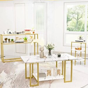 AWQM 3 Pieces Modern Coffee Table Set with Console Table,Faux Marble Coffee Table & Accent Table & Foyer Table,Multi-Tier Living Room Table Set,Metal Frame,White&Gold