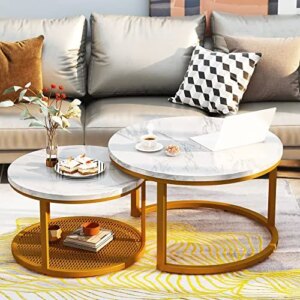 AWQM Coffee Table for Living Room, Modern Nesting Coffee Table Set of 2, Contemporary Accent Coffee and Snack End Table for Living Room, Golden Frame Round and Marble White Pattern Coffee Tables, 29"