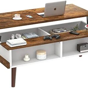 Aheaplus Lift Top Coffee Table with Storage, 43.3" Modern Center Table Lift Tabletop Wood Dining Table Pop Up Table with Open Shelf for Living Room, Home Office, Rustic Brown and White