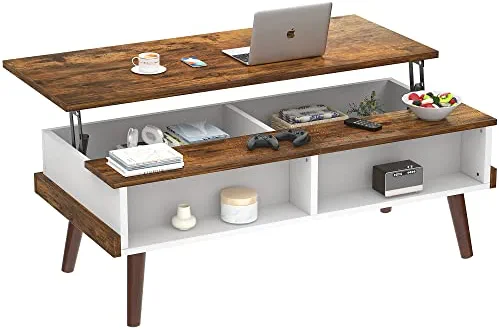 Aheaplus Lift Top Coffee Table with Storage, 43.3" Modern Center Table Lift Tabletop Wood Dining Table Pop Up Table with Open Shelf for Living Room, Home Office, Rustic Brown and White