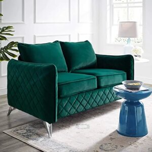 Altrobene Velvet Loveseat, Modern Sofa Chair Couch for Two People, Soft Upholstered, Silver Tone Metal Legs, Christmas Green