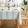 AmHoo Stitching Tassel Tablecloth Striped Table Cloth Rectangle Cotton Linen Dust-Proof Table Cover for Kitchen Dinning 54 x 102 Inch Teal