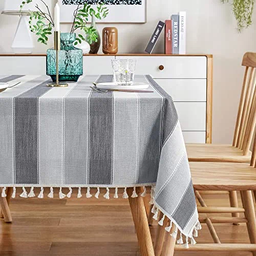 AmHoo Striped Tassel Tablecloth Stitching Rectangle Table Cloth Cotton Linen Fabric Table Cover for Kitchen Dinning Tabletop 55 x 55 Inch Dark Grey