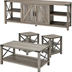 Amerlife 4-Piece Living Room Table Set - Includes TV Stand, Coffee Table, & Two End Tables for Farmhouse - Grey Wash