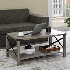 Amerlife 40 Inch Farmhouse Coffee Table, Industrial Wood Accent Cocktail Table with Storage Shelf, Wooden Living Room Table with X-Shaped Metal Frame Support, Retro Tea Table, Grey Wash