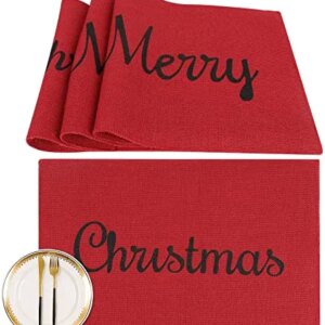 Ameter Christmas Placemats Set of 4 Linen Red Table Mats for Kitchen Dining Tables Decorations Non-Slip Heat Resistant Xmas Rustic Placemats 18 x 12 Inch