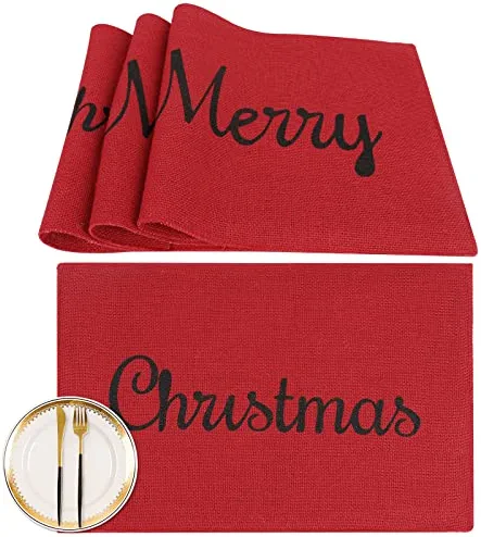 Ameter Christmas Placemats Set of 4 Linen Red Table Mats for Kitchen Dining Tables Decorations Non-Slip Heat Resistant Xmas Rustic Placemats 18 x 12 Inch