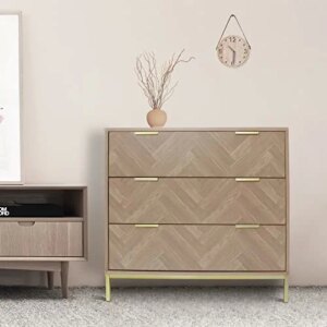 Anmytek Modern 3 Drawer Chest Dresser, Mid Century Natural Oak Organizer Bedroom Furniture with Gold Metal Legs H0037