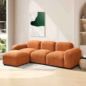 Antetek L-Shaped Sectional Couch, Modern Teddy Fabric 3-Seater Sectional Sofa Set with Movable Ottoman, Comfy Modular L Sofa Couch Furniture Set for Living Room, 94.5-inch, Orange