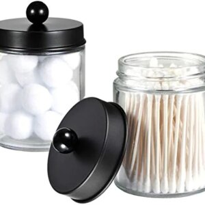 Apothecary Jars Bathroom Storage Organizer - Cute Qtip Dispenser Holder Vanity Canister Jar Glass with Lid for Cotton Swabs,Rounds,Bath Salts,Makeup Sponges,Hair Accessories/Black（2 PACK）