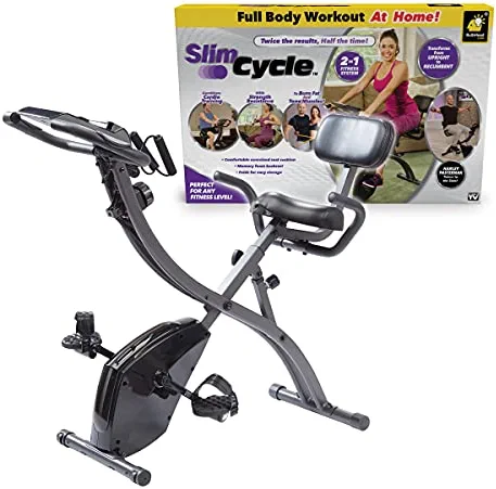 As Seen On TV Slim Cycle Stationary Bike by Bulbhead, Most Comfortable Exercise Machine, Thick, Extra-Wide Seat & Back Support Cushion, Recline or Upright Position, Twice the Results in Half the Time