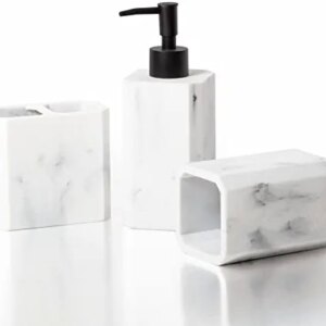 BINO Bathroom Accessories Set - Matte Marble | Soap Dispenser | Toothbrush Holder | Tumbler | 3-Piece Bathroom Organizer Countertop Set | Bathroom Decor | Home Decor | Bathroom Set