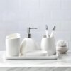 BLBYHO Ceramic Bathroom Accessory Set, 7 Pieces Bathroom Countertop Accessories, Include Soap Dispenser, Toothbrush Holder, 2 Tumbler Cup, Soap Dish, Plastic Vanity Tray, Qtip Holder (White)