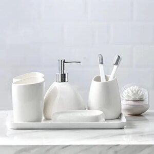 BLBYHO Ceramic Bathroom Accessory Set, 7 Pieces Bathroom Countertop Accessories, Include Soap Dispenser, Toothbrush Holder, 2 Tumbler Cup, Soap Dish, Plastic Vanity Tray, Qtip Holder (White)