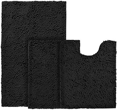 BYSURE Black Bathroom Rugs Sets 3 Piece Non Slip Extra Absorbent Shaggy Chenille Bathroom Rugs and Mats Sets, Soft & Dry Bath Rug/Mat Sets for Bathroom Washable Carpets Set