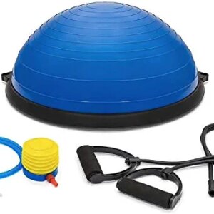 Balançoire Half Exercise Balance Ball, Stability Trainer Balance Board with Resistance Bands, Half Yoga Ball Strength Training Fitness Equipment for Full Body Workout + Pump and Aerobics Chart, Blue