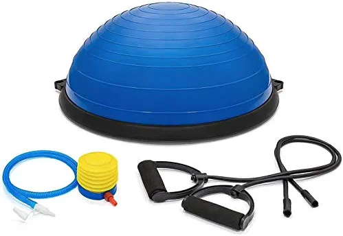 Balançoire Half Exercise Balance Ball, Stability Trainer Balance Board with Resistance Bands, Half Yoga Ball Strength Training Fitness Equipment for Full Body Workout + Pump and Aerobics Chart, Blue