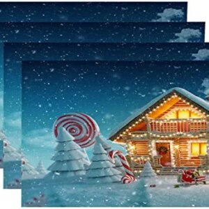 BaoNews Christmas Night Scene Placemats,Wooden House Decorative Lights Spruce Place Mats for Dining/Kitchen Table Waterproof Washable Linen Heat Insulation Dinner Table Mats 12x16 in 4 PCS