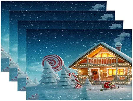 BaoNews Christmas Night Scene Placemats,Wooden House Decorative Lights Spruce Place Mats for Dining/Kitchen Table Waterproof Washable Linen Heat Insulation Dinner Table Mats 12x16 in 4 PCS