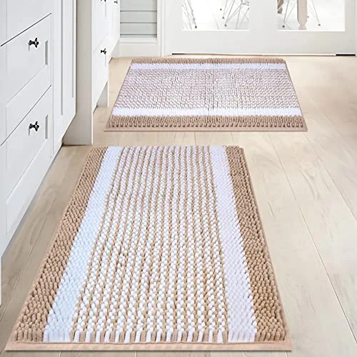 Bath Mat Set Beige Chenille Bath Rug for Bathroom Non Slip Shaggy Absorbent Plush Bathroom Rug Water Absorbent Super Bathroom Mat Rug 17.3"X24"+20"X32"