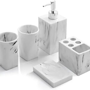 Bathroom Accessories Set, 5 Pcs Marble Look Bathroom Sets, Resin White Bathroom Accessory Set with Soap Dispenser, Toothbrush Holder, Toothbrush Cup, Soap Dish for Home Apartment Bathroom Decor