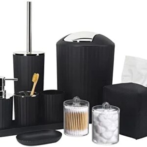 Bathroom Accessory Set - 10 Piece Black Bathroom Accessories Set with Trash Can, Toothbrush Holder and Cup, Soap Dispenser, Soap Dish, Toilet Brush Holder, Vanity Tray, Qtip Holder, Tissue Box Cover