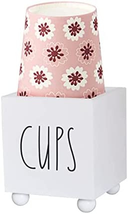 Bathroom Cup Dispenser, Farmhouse Dixie Cup Holder, 3 oz 5 oz Paper Mouthwash Cup Storage Box, Wooden Disposable Solo Cup Caddy, Water Dispenser Cup Holder for Countertop (White)