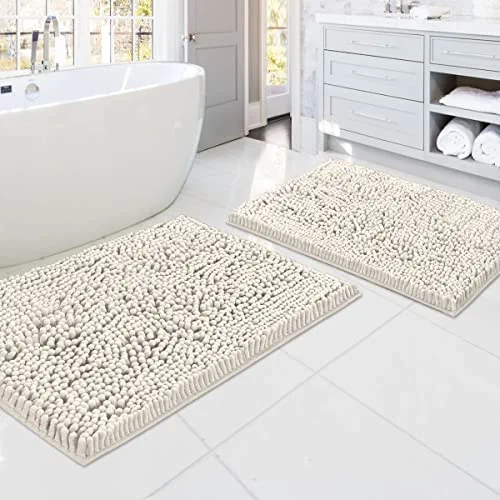 Bathroom Rugs Bath Mats for Bathroom Non Slip Luxury Chenille Bathroom Rugs Extra Soft Absorbent Shaggy Bathroom Mat Rugs Washable Fast Dry Bathroom Rugs Sets 2 Piece (Ivory, 20" x 32"/17" x 24")