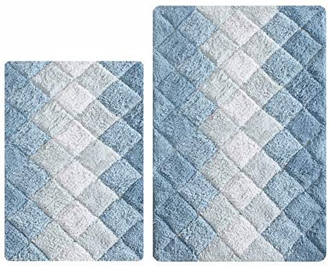 Bathroom Rugs Set 2 Piece in 100% Cotton Albany Inspired Bath Rugs 21x32/17x34, Blue Combo,Anitskid Bath Rugs Set,Cotton Bath Mat,Cotton Bath Rugs,Soft Absorbent Machine Washable,Non Slip Bath Rug