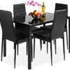 Best Choice Products 5-Piece Kitchen Dining Table Set for Dining Room, Kitchen, Dinette, Compact Space w/Glass Tabletop, 4 Faux Leather Metal Frame Chairs - Black