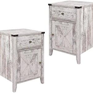 Betterhood Barnwood Rustic Farmhouse Nightstand, Side Table with Barn Door and Drawers, Weathered Oak Style End Table for Living Room Bedroom, White, 2 Pack