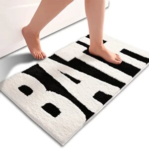 Black and White Bathroom Rugs, Bath Letters Non Slip Bathroom Mat, Soft Absorbent Cute Bath Mat, Machine Washable Quickly Dry Comfortable Bathmat for Bathtub, Bedroom, Shower, Living Room, Toilet