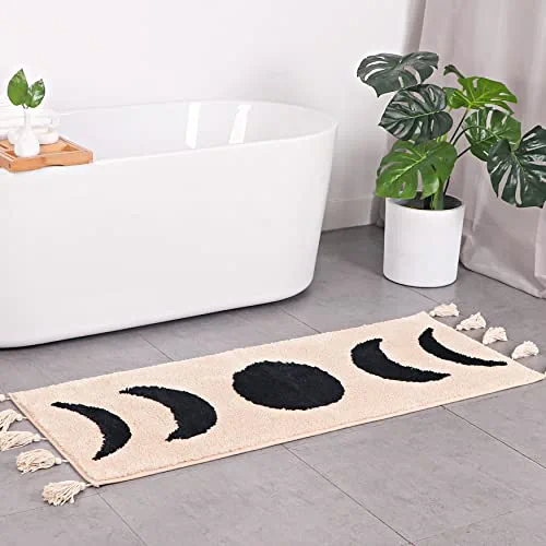 Boho Bathroom Rug Runner Moon Phases Bath Mat with Tassels - Half Moon Bohemian Rugs for Bathroom, Bedroom Shower Moon Rug for Hippie Witchy Decor - Boho Area Rug Beige Neutral Creamy Black 20x50 long