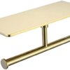 Brass Double Toilet Paper Holder with Large Phone Shelf, Tissue Paper Roll Holder with Oversized Storage Panel, Commercial Dual Roll Toilet Paper Dispenser, Wall Mounted with Screws, Polished Gold