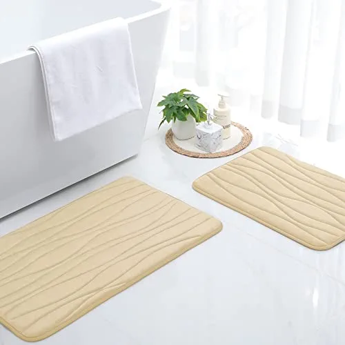 Buganda Memory Foam 2 Pieces Bath Rugs Set - Soft Non-Slip Thick Bath Mat and Contour Toilet Rug, Absorbent Washable Bathroom Rugs and Mats Set (17" x 24" + 20" x 32", Beige)