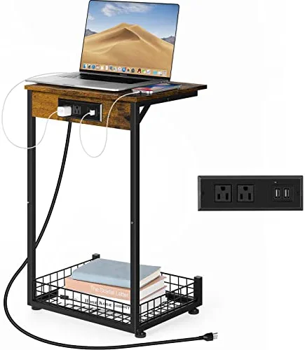 C Shaped End Table with Charging Station Narrow Side Table with Storage Basket Sofa Side Table for Small Spaces with USB Ports and Outlets for Living Room Bedroom Guest Room Office