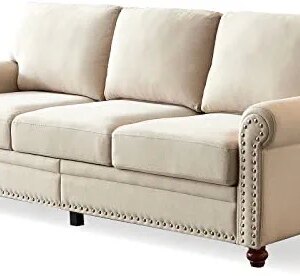 CALABASH 3 Seater Sofa Couch, Modern Upholstered 3-seat couches with Classic Nails & Seat Cushion Backrest Removable for Living Room, Bedroom, Apartment(Beige Fabric)