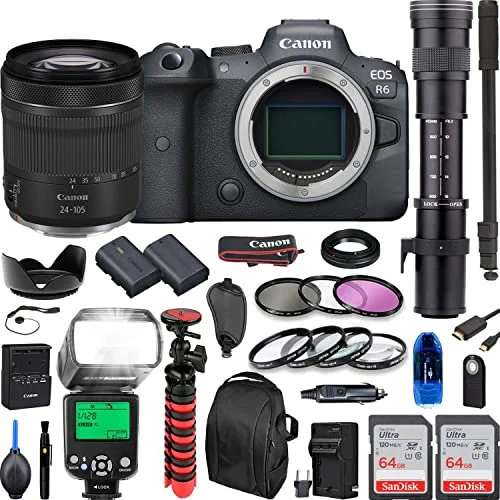 Camera Bundle for Canon EOS R6 Mirrorless Camera with RF 24-105mm f/4-7.1 is STM, 420-800mm f/8 Manual Telephoto Zoom Lens Extra Battery, TTL Flash, 128Gb Memory Card + Accessories Kit (Renewed)