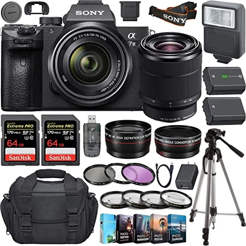 Camera Bundle for Sony a7 III Full-Frame Mirrorless Camera with FE 28-70mm f/3.5-5.6 OSS Lens and Accessories (128GB, Flash, Photo/Video Editing Software and More) (Renewed)