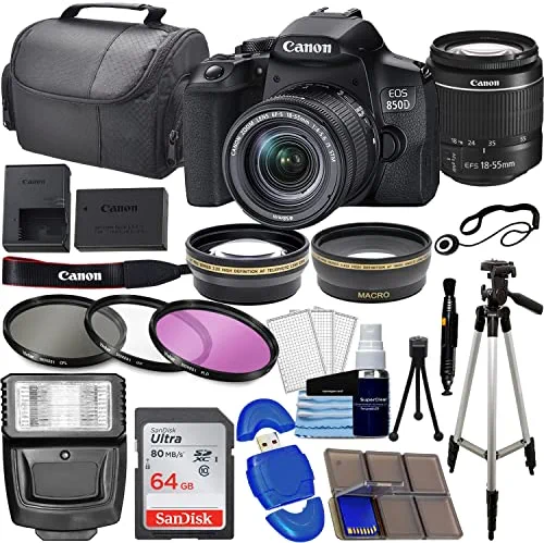 Camera EOS 850D (Rebel T8i) DSLR Camera w/ 18-55mm Lens Bundle with 64GB Memory Card, Wide Angle Lens, Telephoto Lens, 3Pc Filter Kit, Case, Tripod + Photography Kit (33 Pieces)