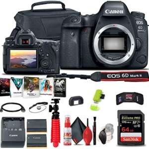 Canon EOS 6D Mark II DSLR Camera (Body Only) (1897C002) + 64GB Memory Card + Case + Photo Software + LPE6 Battery + Card Reader + Flex Tripod + HDMI Cable + Hand Strap + More (Renewed)