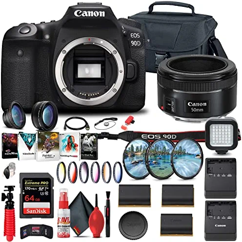 Canon EOS 90D DSLR Camera (Body Only) (3616C002) + Canon EF 50mm Lens + 64GB Card + Case + Filter Kit + Corel Photo Software + 2 x LPE6 Battery + Charger + Card Reader + More (Renewed)